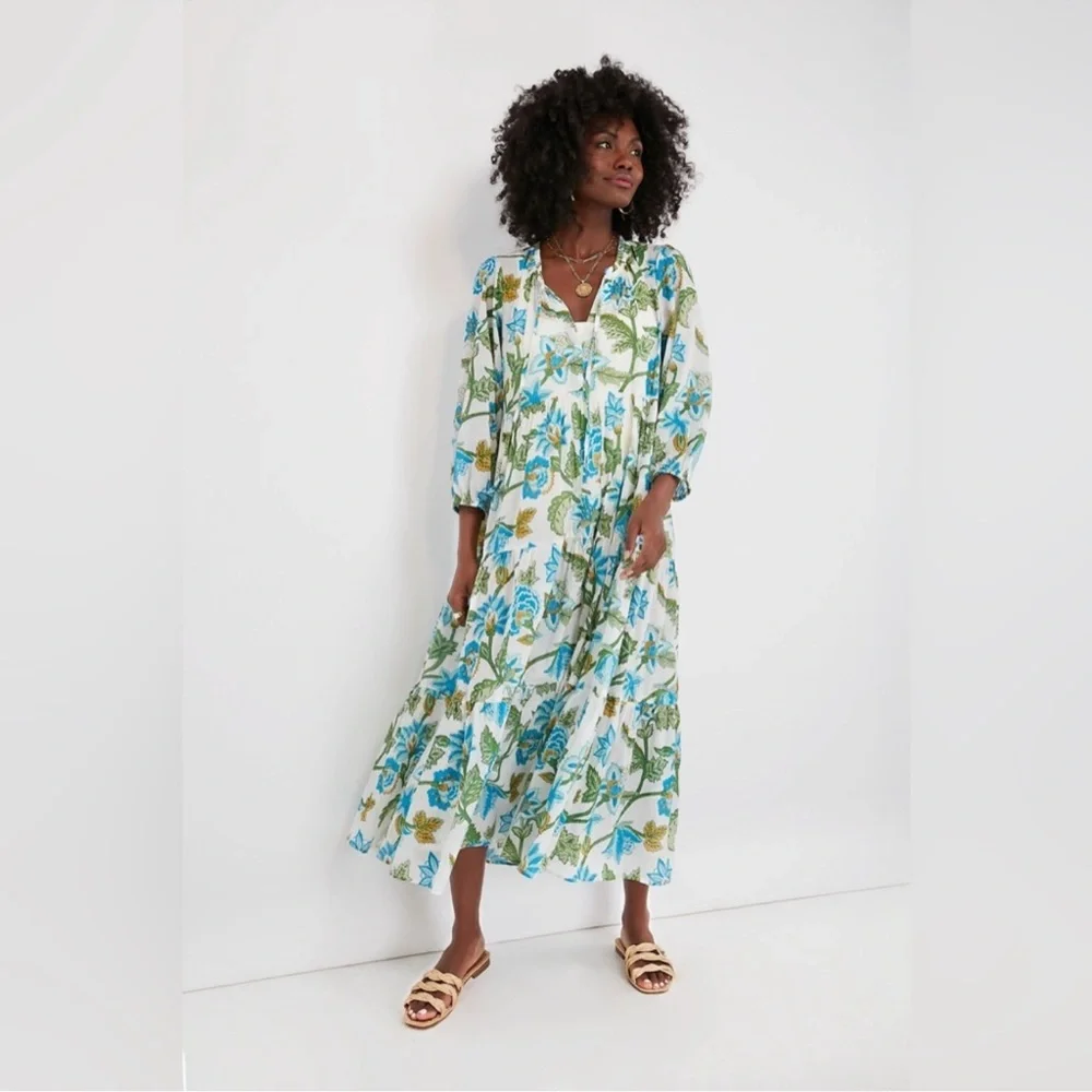 Tuckernuck White Maxi Dress with Blue and Green Floral Print - Picture 1 of 11